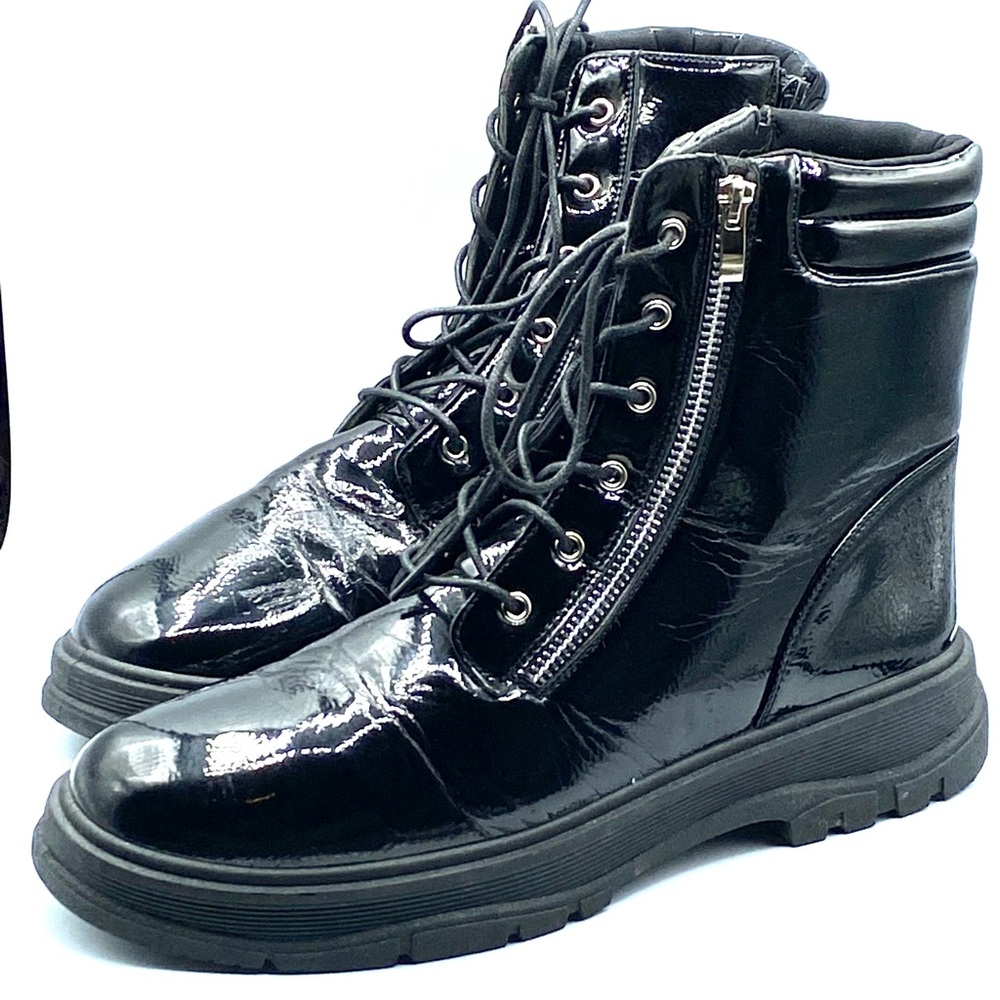 YOKI | Black Patent Leather Combat Boots